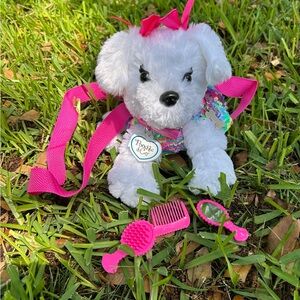 White Plush Poodle Backpack with Hot Pink Accessories